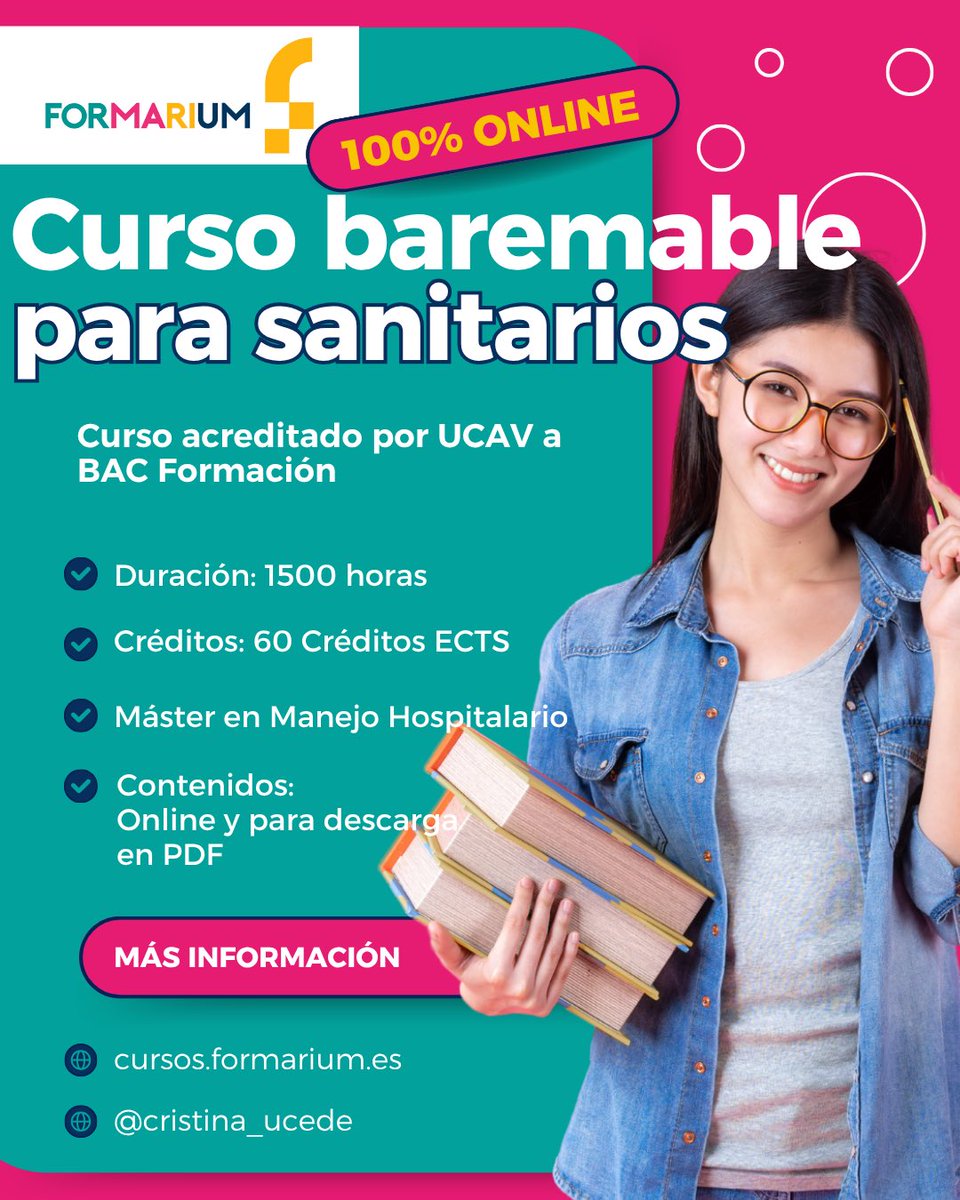 Formarium_'s tweet photo. ¿Opositas para celador? 🏥 
Suma puntos en tu bolsa con nuestro Máster en Manejo Hospitalario: 📚 60 Créditos ECTS (1500h) - Baremable. 💻 100% Online. 
🎓 Acreditado por UCAV a BAC Formación. 
🔥 ¡OFERTA: 290€ (antes 500€)!
👉 Toda la info aquí: https://t.co/Dhp65t0AWx https://t.co/rz5xDjwt8Q
