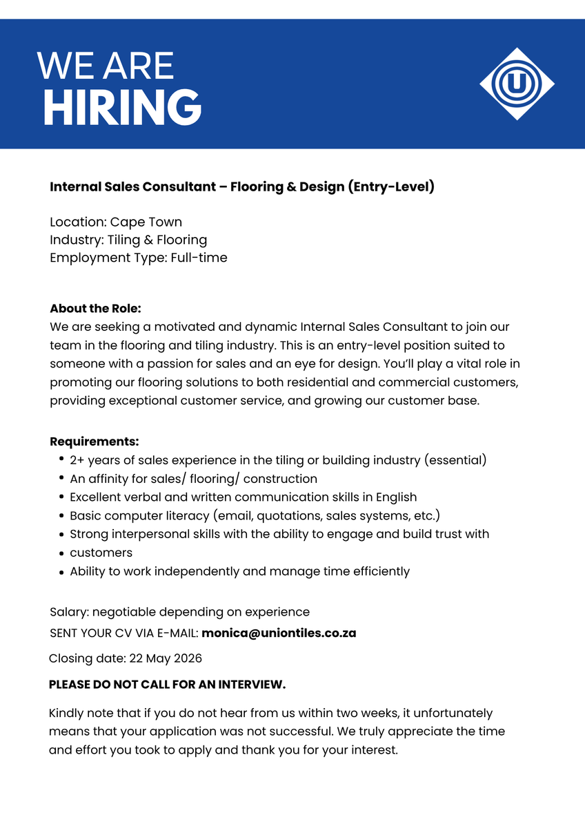 uniontiles's tweet photo. WE ARE HIRING 📨

Join our Cape Town team. We’re looking for an Internal Sales Consultant to join our dynamic team.
If you’re driven, relationship-focused, and passionate about sales, this is your chance to grow your career with us. https://t.co/oSU4BvNOKE