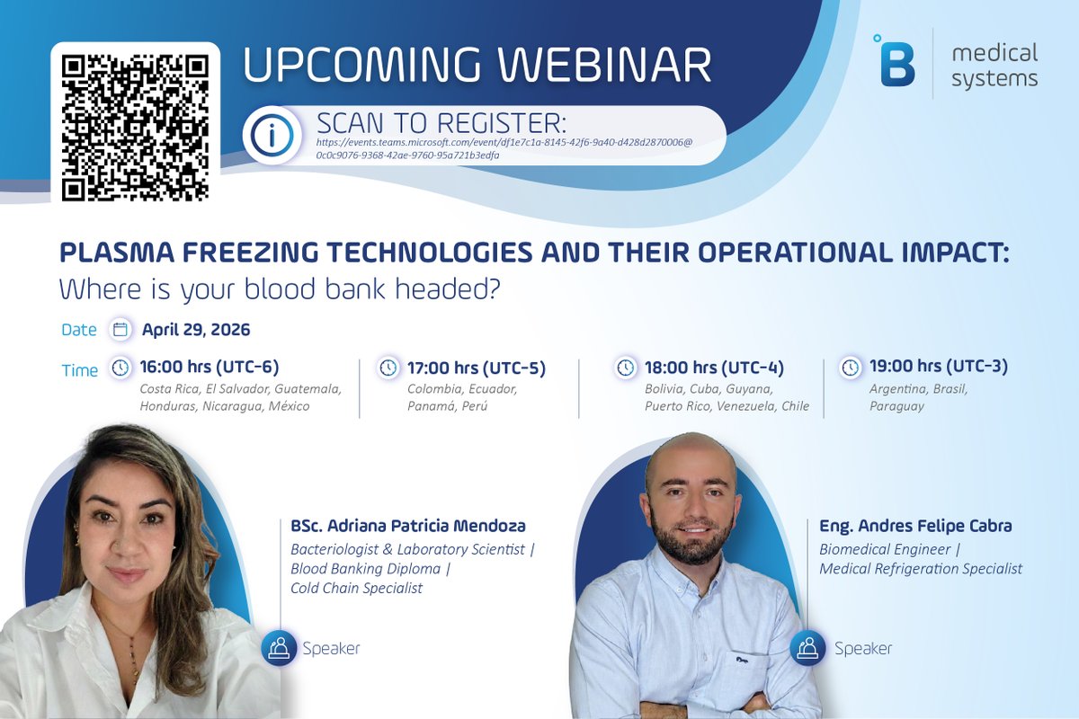 BMedicalSystems's tweet image. 🎓 Happening today!
Join our experts to explore how plasma freezing technologies impact quality, safety &amp;amp; cold chain performance.

📅 29 April 2026

👉 Join us: ow.ly/Y7ZI50YQUno

#Webinar #PlasmaFreezing #BloodManagement #HealthcareTechnology