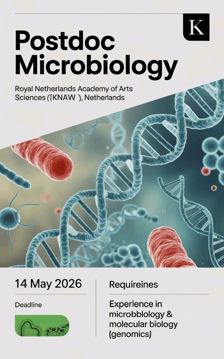 aminatmusa795's tweet image. Are you a Microbiology student looking for postdoc opportunities in Europe? This is for you 

Deadline: 14th May, 2026

vacatures.knaw.nl/job/Wageningen…

#studyabroad #postdoc #research
