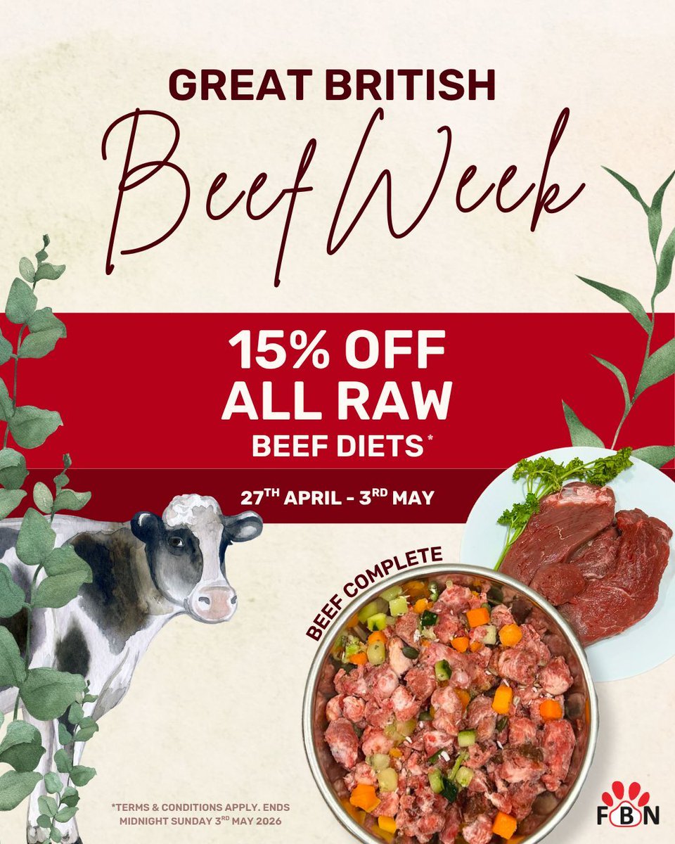 To celebrate Great British Beef Week, enjoy 15% OFF all raw beef diets — because your dog deserves the best of British 🥩

⏳ Don’t miss out – offer ends midnight Sunday 3rd May
buff.ly/XW2E0ka 

#RawDogFood #naturaldogfood #GreatBritishBeefWeek