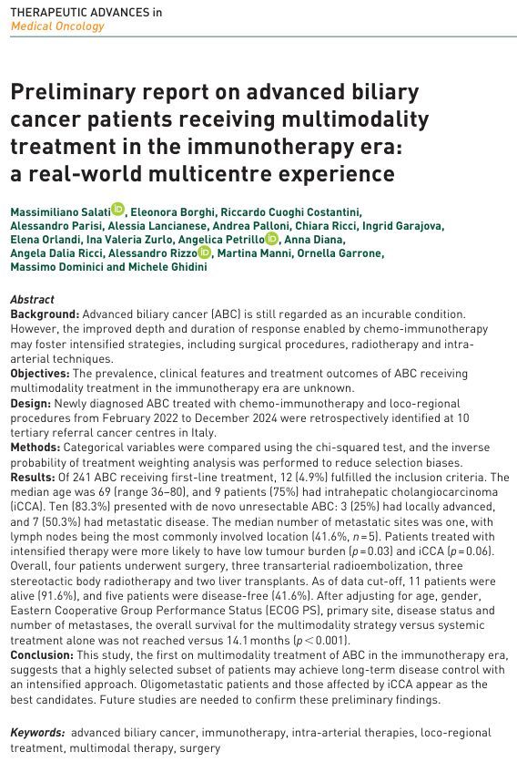 LinglingTian123's tweet image. Can intensified strategies improve outcomes in advanced #BiliaryCancer?
This multicentre #realworld study reports outcomes of a highly selected subset treated with chemo‑immunotherapy followed by multimodality local approaches in the #immunotherapy era.
buff.ly/Ygnhnjn
