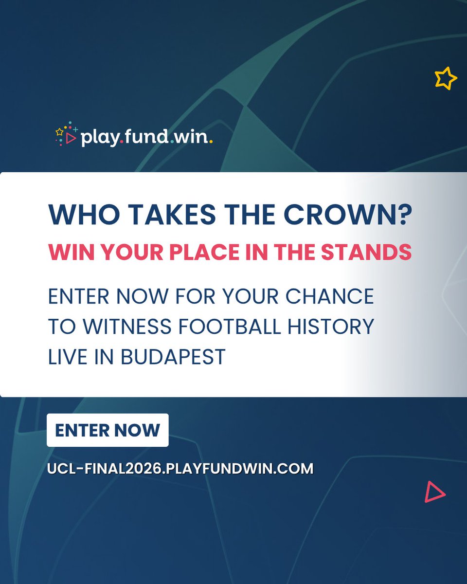 PlayFundWin's tweet photo. One night. One trophy. One champion ⚽
UEFA Champions League Final 2026 decides it all in Budapest.

Enter to win 2x Premium tickets and see who lifts the crown live.

👉 https://t.co/7tuqMg0asn

Win your place in the stands.

#UCLFinal #ChampionsLeague #WinTickets https://t.co/GWGE3mV8WX