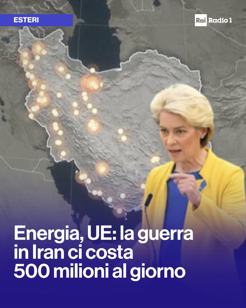 Radio1Rai's tweet image. 🔵#Iran e #energia, von der Leyen all'Eurocamera: "In soli 60 giorni di conflitto la nostra spesa per l'import di combustibili fossili è aumentata di oltre 27mld. Stiamo perdendo quasi 500mln al giorno. Le conseguenze potrebbero farsi sentire per mesi o addirittura anni".