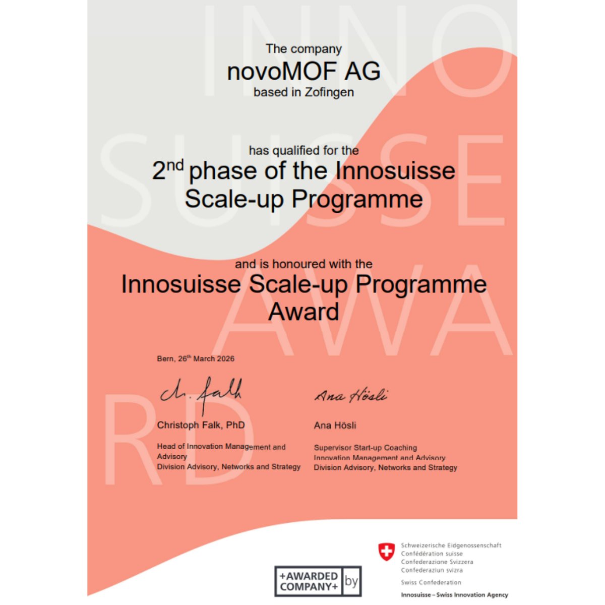 novoMOF's tweet image. Proud to have qualified for Phase 2 of the Innosuisse Scale-up Programme and to receive the Innosuisse Scale-up Programme Award. A key step as we move from #materialinnovation to real #industrialcarboncapture.