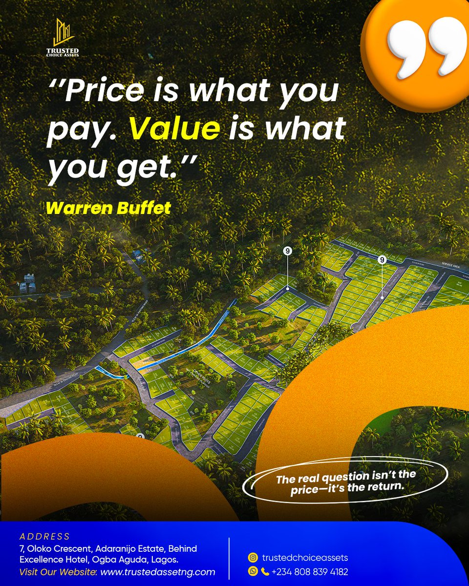 trustedassetsng's tweet image. “Price is what you pay. Value is what you get.” — Warren Buffett

The real question isn’t the price… it’s the return 📈

Land today = wealth tomorrow 🌱

Don’t just buy… invest smart.
DM us to get started 💬

#RealEstate #InvestSmart #LandInvestment #WealthBuilding #Nigeria