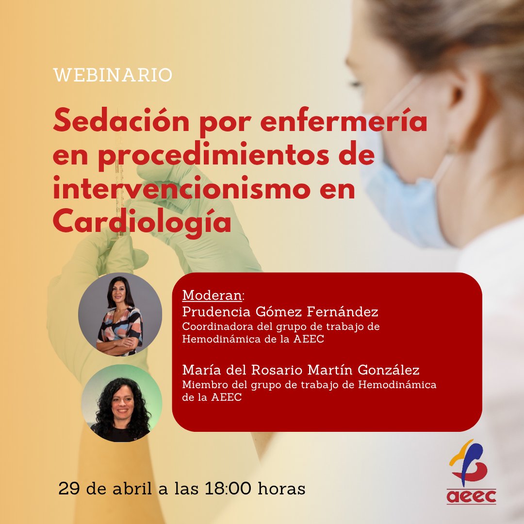 AEEC_enfcardio's tweet image. ¡Hoy!🧠 WEBINAR #AEEC - Sedación por enfermería en procedimientos de intervencionismo en Cardiología 📷 29/4/26 📷us06web.zoom.us/meeting/regist… #Enfermeriacardiovascular