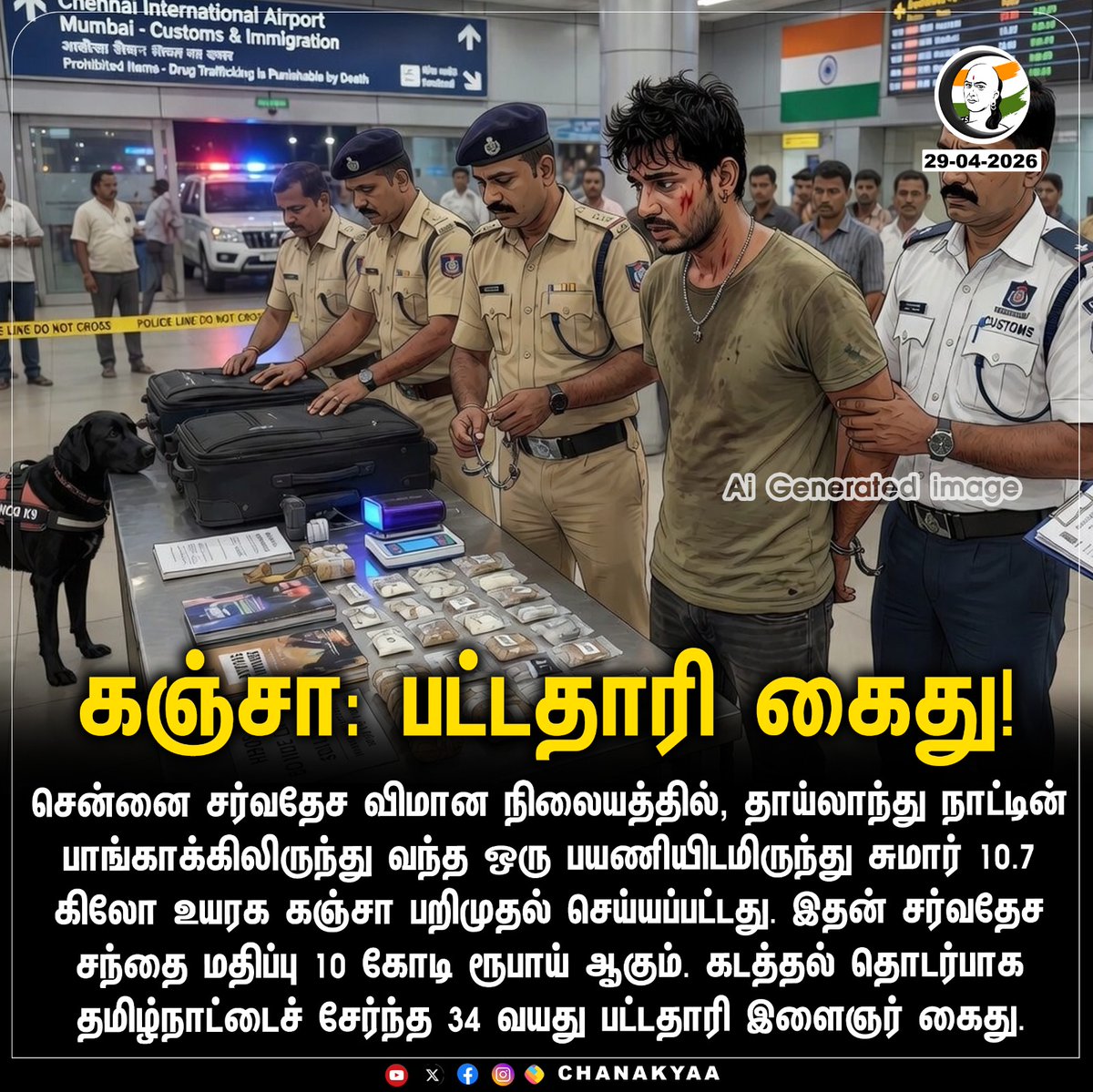 ChanakyaaTv's tweet image. கஞ்சா: பட்டதாரி கைது!
#Chennai #InternationalAirport #Police #Chanakyaa

Stay informed with the latest news through Chanakyaa via chanakyaa.in