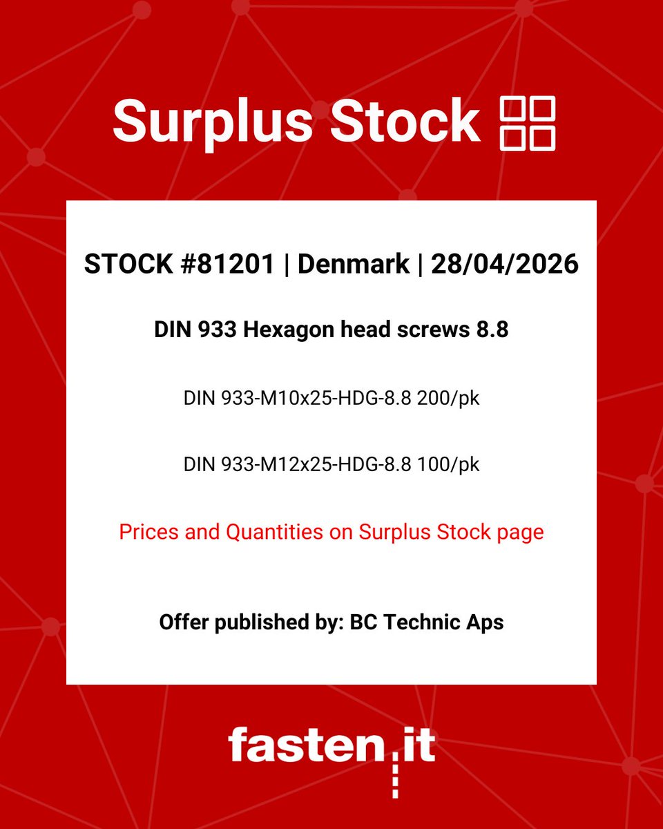 Fastenit's tweet photo. SURPLUS STOCK #81201

Offer published by: BC Technic Aps

View the offer here: https://t.co/44hDXBUge4

#fastenit #surplusstock #fasteners https://t.co/M6Gco9FLEQ