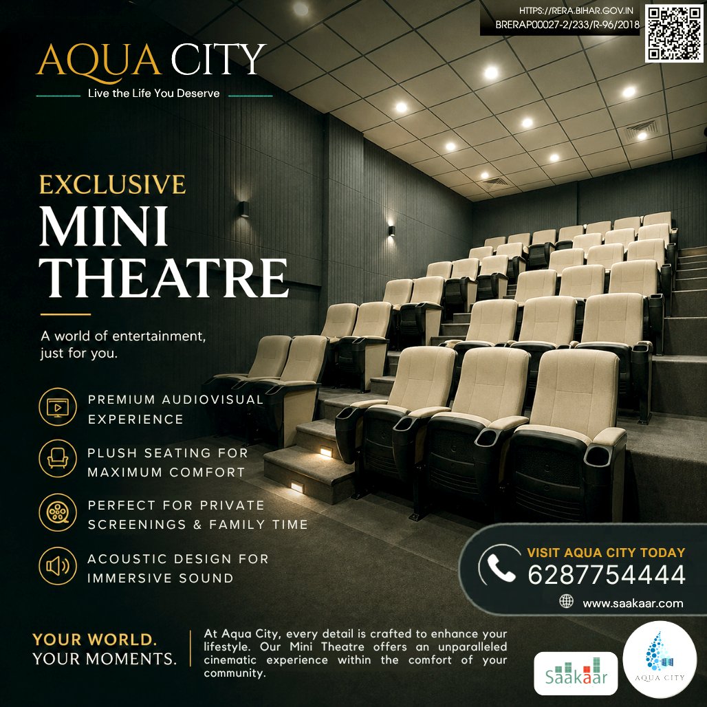 SaakaarConst's tweet photo. Experience luxury living in Patna with a private mini theatre at Aqua City. Premium amenities, modern design, and comfort redefined.

#AquaCityPatna #LuxuryApartmentsPatna #PatnaRealEstate #2BHKFlatsInPatna #PremiumLiving #MiniTheatre #DreamHomePatna https://t.co/20VnQDnnPk