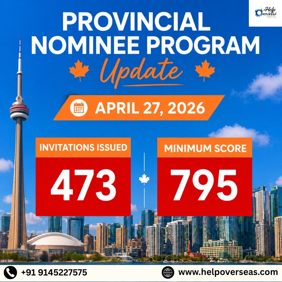 HelpOverseas's tweet photo. 🇨🇦 Canada PR Alert – PNP Update!

A new Provincial Nominee Program draw is out! 

April 27, 2026
 473 Invitations Issued
 Minimum Score: 795

This is your chance to turn your Canada dream into reality 🌍✨
Don’t wait for the next draw — start preparing NOW! https://t.co/a88FnyJ9nZ