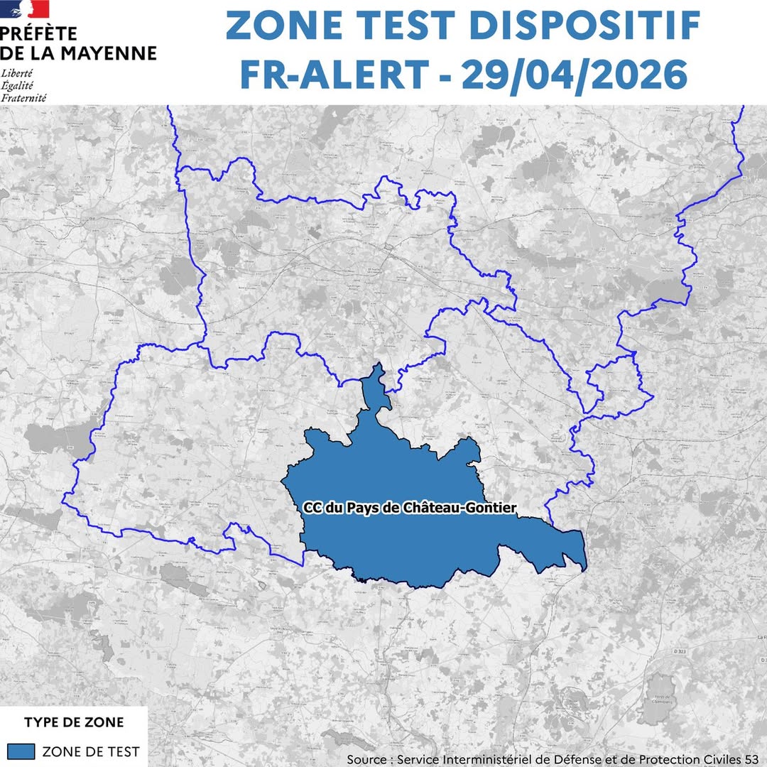 Prefet53's tweet photo. #FRAlert #SécuritéCivile #Rappel #Test #Prévention

🚨 RAPPEL – TEST DU DISPOSITIF FR-ALERT AUJOURD’HUI 🚨

📍 Une zone test FR-Alert sera activée aujourd’hui, 29 avril 2026, sur le territoire de la Communauté de communes du Pays de Château-Gontier, de 1⃣5⃣h3⃣0⃣ à 1⃣6⃣h0⃣0⃣ (avec un possible débordement sur les communes limitrophes).

📱 Vous pourriez recevoir une notification d’alerte sur votre téléphone.

👉 Pas d’inquiétude :
Il s’agit uniquement d’un exercice destiné à vérifier le bon fonctionnement du système d’alerte et à sensibiliser la population.
🔕 L’alerte sera silencieuse (sans son)

👉 Aucune action n’est attendue de votre part.

🎯 Objectifs :
✔ Tester la diffusion des alertes
✔ Vérifier la réception sur les téléphones
✔ Améliorer les dispositifs de sécurité civile

🙏 Merci de votre compréhension et de ne pas surcharger les services d’urgence.