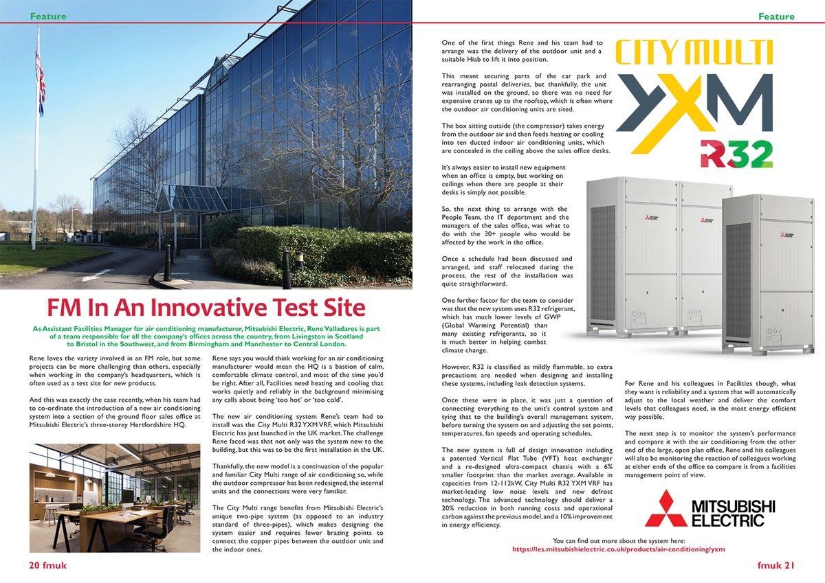 FMUKmagazine1's tweet image. Latest Issue 📰: Rene Valladares, Assistant FM for @meuk_les, details the #installation of a new #AirConditioning system into a section of the sales #office at Mitsubishi Electric’s Hertfordshire HQ.

➡️fmuk-online.co.uk/fm-in-an-innov…
#facman #FacilitiesManagement #heating #cooling
