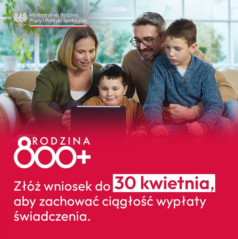 MRPiPS_GOV__PL's tweet photo. 👨👩👧👦 Uwaga rodzice i opiekunowie, to już ostatni moment 👉 Jeżeli chcecie zachować ciągłość wypłaty #800Plus, pamiętajcie o złożeniu wniosku na nowy okres świadczeniowy do 30 kwietnia br.
➡️ Dzięki temu pieniądze trafią do Was jeszcze w czerwcu br.
💻 Wniosek o #ŚwiadczenieWychowawcze złożycie drogą elektroniczną - za pośrednictwem:
✅ portalu @MRPiPS_GOV__PL Emp@tia: https://t.co/8M0Vwbiyxv
✅ #PUE @zus_pl
✅ aplikacji #mZUS
✅ bankowości elektronicznej
ℹ️ Nowy okres wypłat rozpocznie się 1 czerwca 2026 r. i potrwa do 31 maja 2027 r.
Więcej➡️https://t.co/129MYBiP1i
#Rodzina #MRPiPS