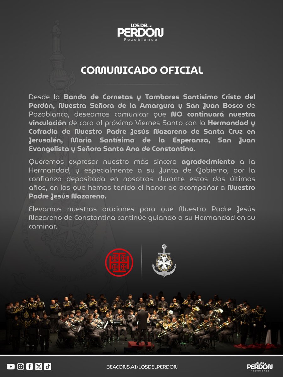 LosdelPerdon's tweet photo. 𝗖𝗢𝗠𝗨𝗡𝗜𝗖𝗔𝗗𝗢 𝗢𝗙𝗜𝗖𝗜𝗔𝗟  

Con la publicación de este comunicado ponemos fin a nuestra etapa junto a Nuestro Padre Jesús Nazareno de Constantina.

Han sido dos años de compromiso, trabajo y vivencias que quedarán en la memoria de nuestra banda. https://t.co/8cFgqP2Z2o