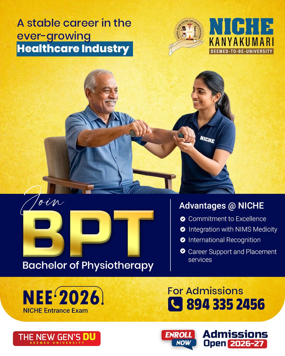 nicheuni's tweet image. Build a rewarding career in healthcare 💙

Join Niche Kanyakumari Deemed-to-be University and pursue BPT (Bachelor of Physiotherapy).

🎓 Admissions Open 2026–27
📝 NEE 2026
📞 894 335 2456

#NicheKanyakumari #BPT #Physiotherapy #HealthcareCareer #AdmissionsOpen