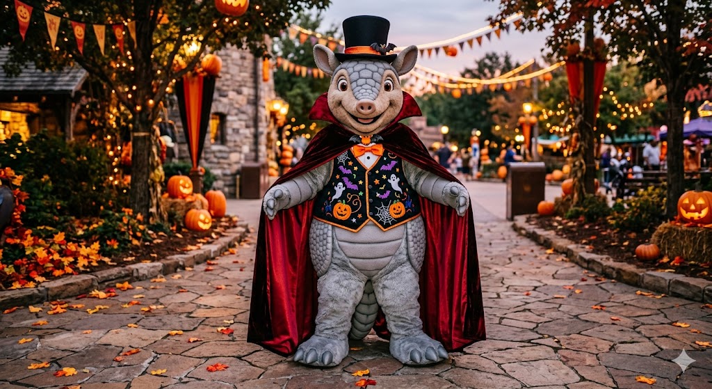 ChaoemperorC's tweet image. A friendly Gray Armadillo mascot costume in a top hat, halloween vest, and a black/red cape.

#halloween #happyhalloween #cape #cloak #armadillo #mascot #mascotcostume #cosplay #fursuit