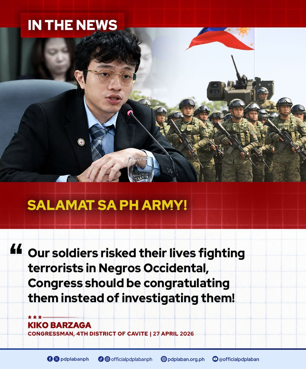 pdplabanph's tweet photo. Mariing ipinagtanggol ni Cavite 4th District Rep. Kiko Barzaga ang mga sundalong nagsagawa ng operasyon sa Toboso, Negros Occidental, at iginiit na dapat silang kilalanin sa kanilang sakripisyo sa halip na agad imbestigahan.
#PDPLaban https://t.co/S1L2tt0M2G