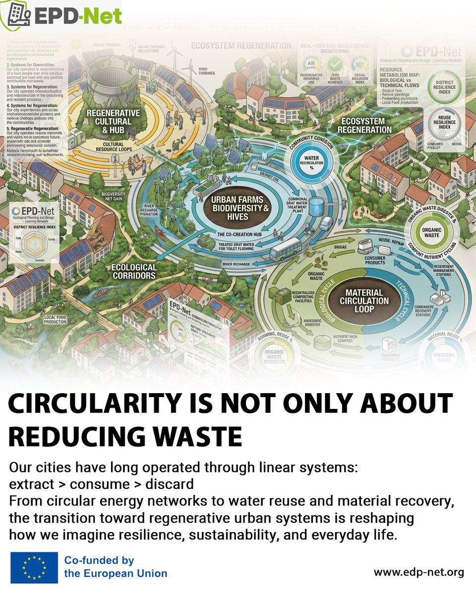 EpdNet's tweet photo. Our cities have long operated through linear systems:
extract → consume → discard.

But what if urban systems could function more like ecosystems?

♻️ From circular energy networks to water reuse and material recovery, the transition toward regenerative urban systems is reshaping how we imagine resilience, sustainability, and everyday life.

These visuals explore the transformation:
—from fragmented urban metabolism
—to interconnected circular flows in energy, water, and materials.

Circularity is not only about reducing waste.
It is about redesigning cities to become adaptive, resource-conscious, and ecologically integrated.

Through ecological planning and systems thinking, we can move toward cities that regenerate rather than deplete.

🚀 Together, we are shaping a more resilient Europe and a sustainable world through EPD-Net!

#EPDNet #EPD-Net #epd-net #Erasmus #EuropeanCommission #AlliancesForInnovation
#CircularEconomy #UrbanResilience #EcologicalPlanning #SustainableCities #UrbanDesign #ClimateAdaptation #NatureBasedSolutions #CircularCities #UrbanMetabolism #SystemsThinking #EPDNet #ResilientCities #EnvironmentalDesign #GreenInfrastructure