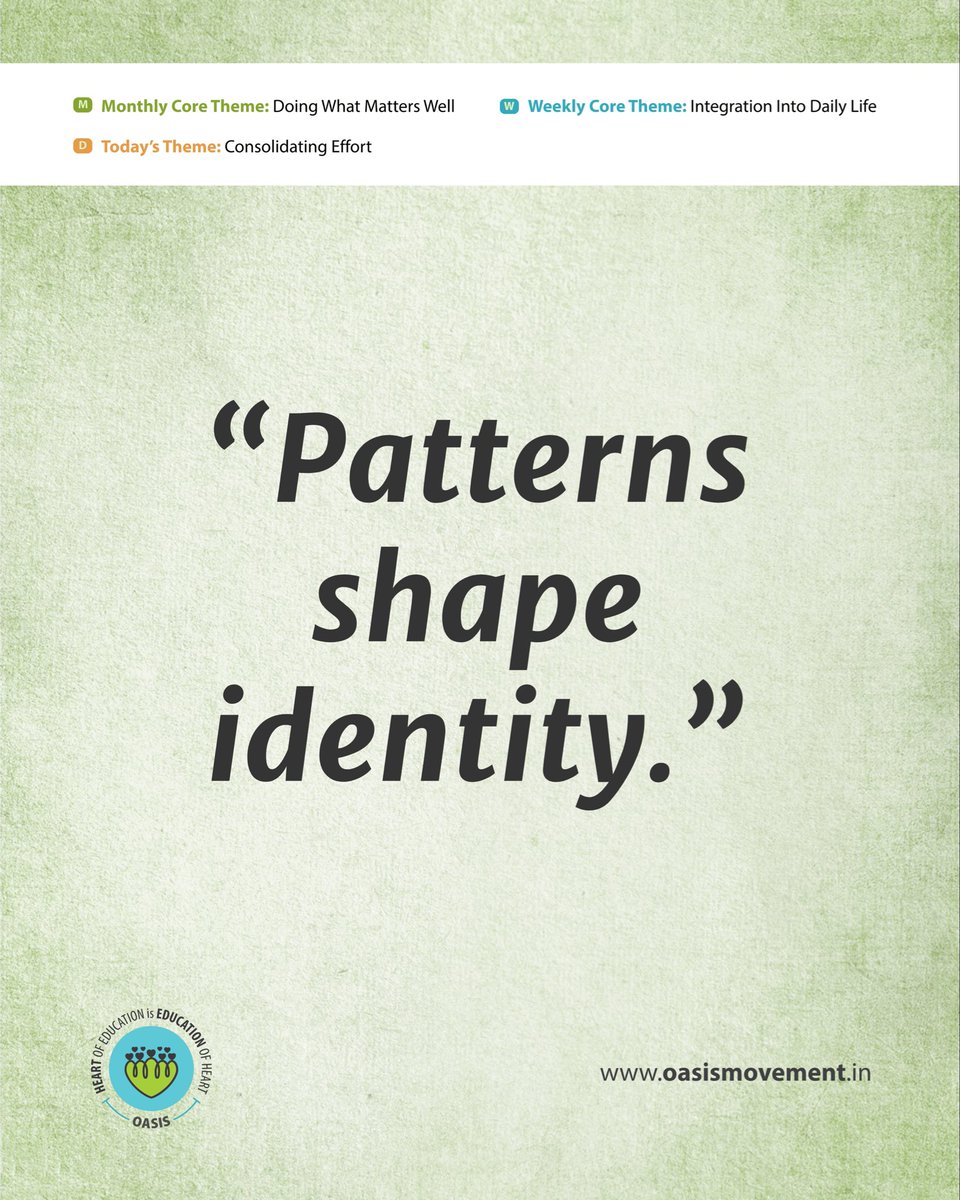 OasisMovement's tweet image. 🗓️ DAY 29 — Consolidating Effort

Excellence isn’t one good day—
it’s a pattern forming quietly.

Pause and ask:
What pattern did I build this month?

Observe, don’t judge.

#Day29 #ConsolidatingEffort #Patterns #Identity #AtomicHabits #QualityOfEffort