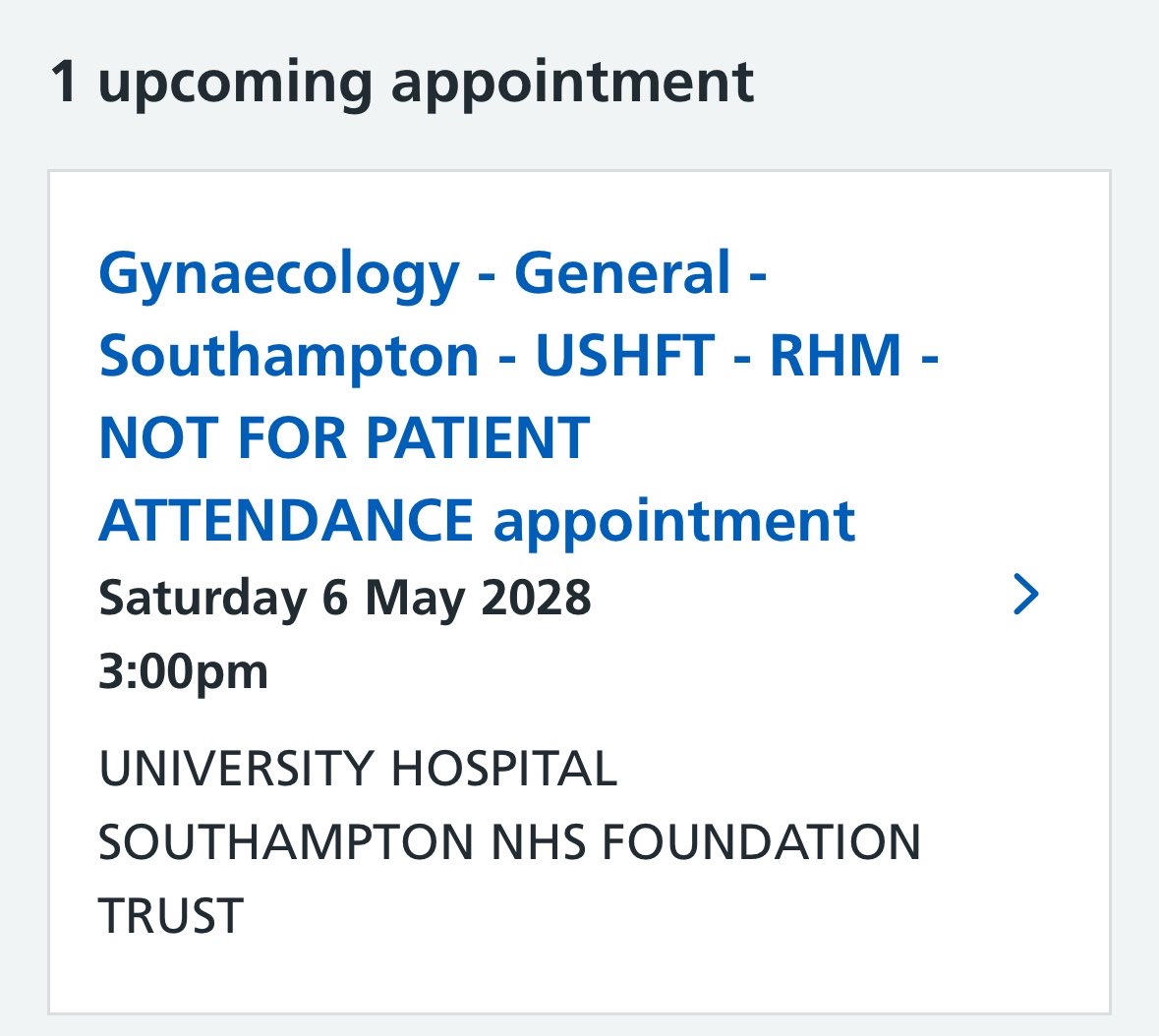sotonDSN's tweet photo. My appointment has come through for a gynae appt…. Only 2yrs to go!

Isn’t it funny how even 2yrs from now I know I won’t be able to make this as it’s my daughter’s 18th birthday that day! 🤣

Waiting lists coming down are going really well🤦🏼‍♀️

#NHS https://t.co/CZqOnacOBr