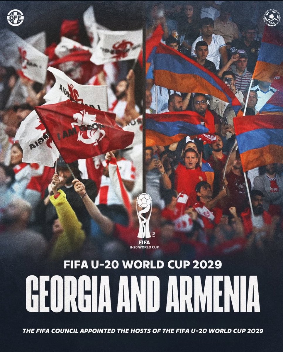 FootGeorgieFR's tweet photo. 🚨 C’EST CONFIRMÉ !! ✅ 

🇬🇪🇦🇲La Géorgie et l'Arménie co-organiseront la Coupe du Monde U20 en 2029 !

Suite à une réunion à Vancouver, la réunion du Comité Exécutif de la FIFA a approuvé la candidature conjointe des deux pays pour accueillir le tournoi !

Historique ! 🇬🇪🥳 https://t.co/Kvpuq0URGS