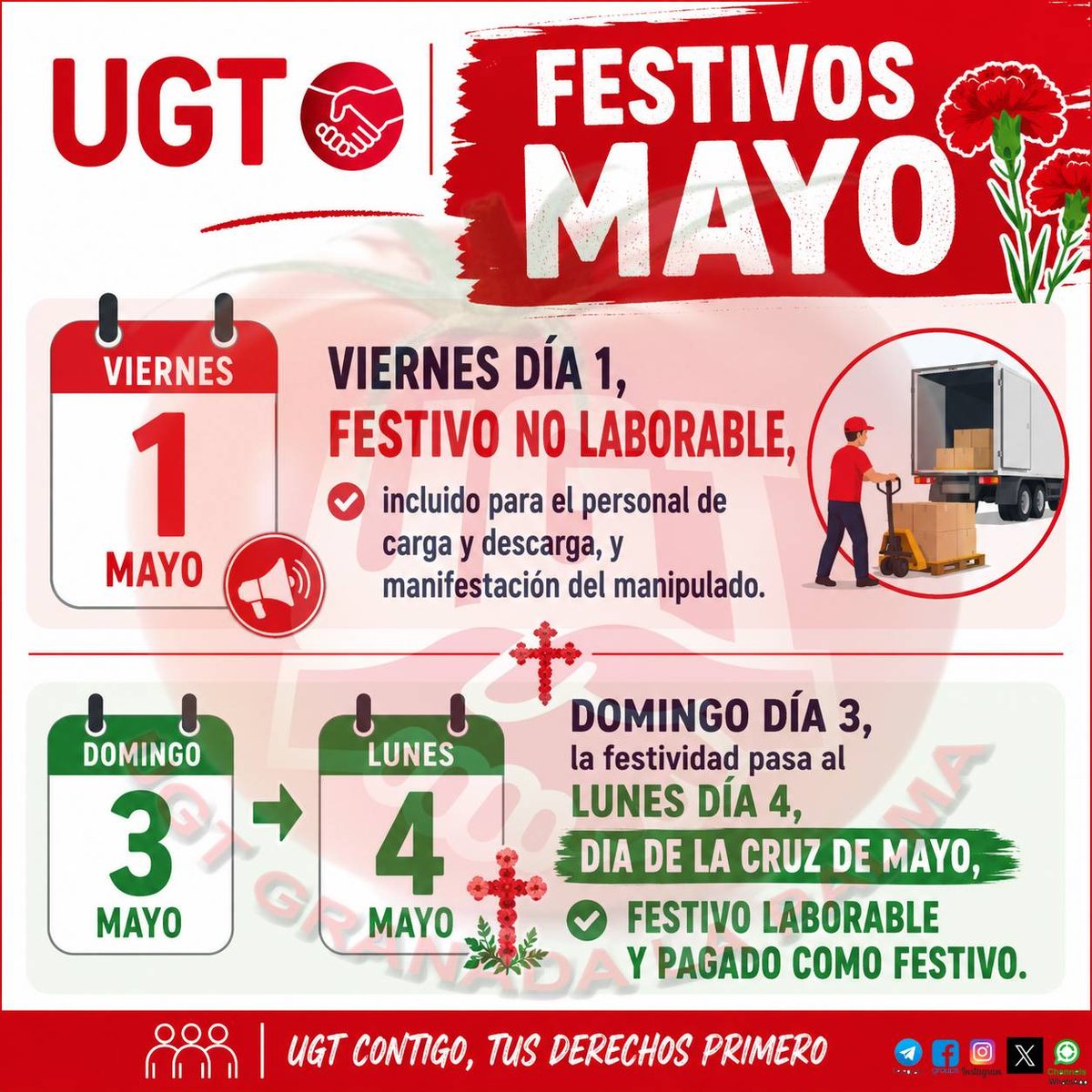 UGT_LAPALMA's tweet photo. FESTIVOS MAYO

👉 1 de mayo
Festivo NO laborable. 
Incluido para el personal de carga y descarga. 
Manifestación del manipulado.

👉 4 de mayo 
Festivo local laborable. 
Pagado como festivo. https://t.co/Vg3VzD2hfg