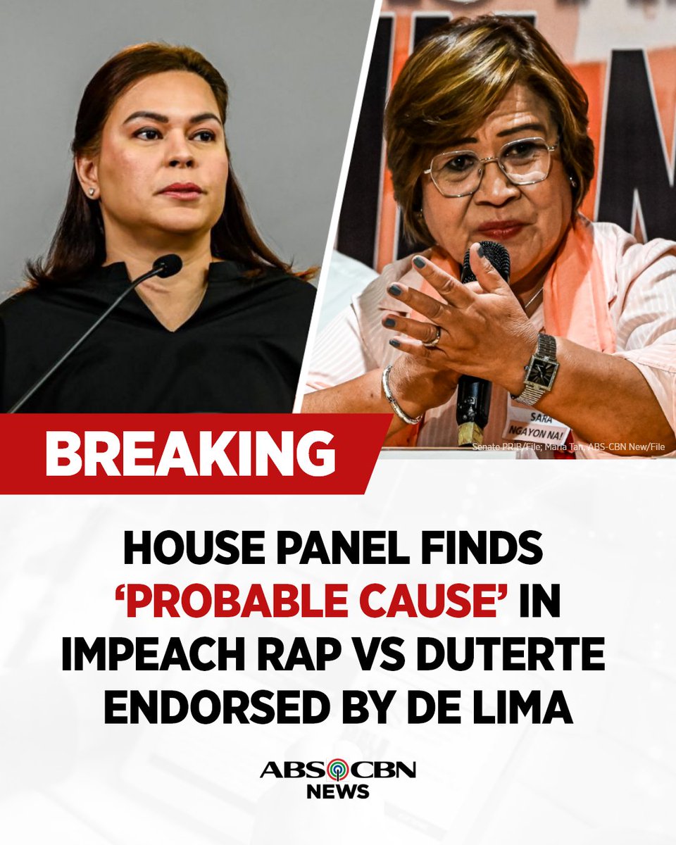 ABSCBNNews's tweet photo. BREAKING: The House Committee on Justice voted that there is probable cause in the impeachment complaint filed by Representative Leila de Lima against Vice President Sara Duterte. https://t.co/0Gxz29RmX3