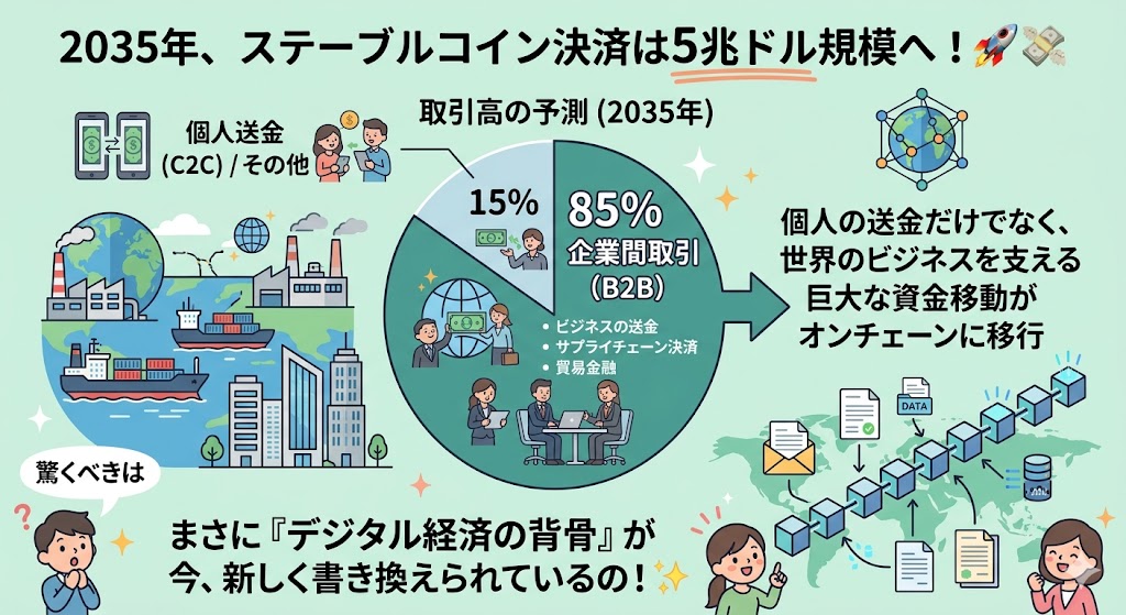 RewardyJapan's tweet photo. 2035年、ステーブルコイン決済は5兆ドル規模へ！🚀💸
驚くべきは、その取引高の85％が「企業間取引（B2B）」になると予測されていること。
個人の送金だけでなく、世界のビジネスを支える巨大な資金移動がオンチェーンに移行しようとしているんだね〜✨
まさに「デジタル経済の背骨」が今、新しく書き換えられているの！
#Web3 #ウォレット #リワーディ・ウォレット