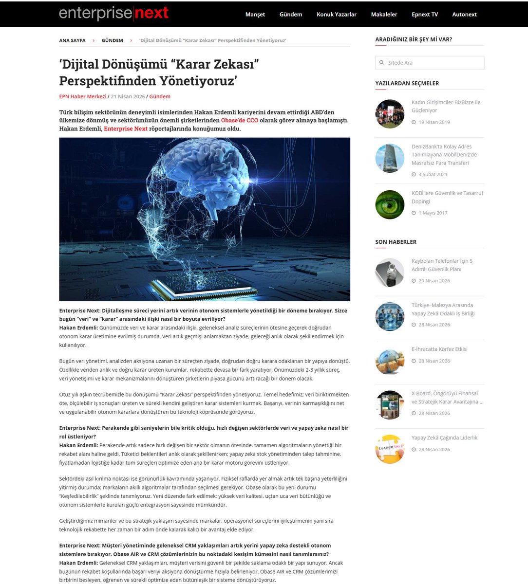 obasesocial's tweet photo. Veri artık analiz için değil, karar üretmek için var.
Obase CCO'su Hakan Erdemli, Enterprise Next röportajında dijital dönüşümü Karar Zekası perspektifinden anlatıyor. 
👉 Röportajın tamamı: https://t.co/VwUOAowjTg
#DecisionIntelligence #AI #DijitalDönüşüm #Obase https://t.co/XIbjq70smC