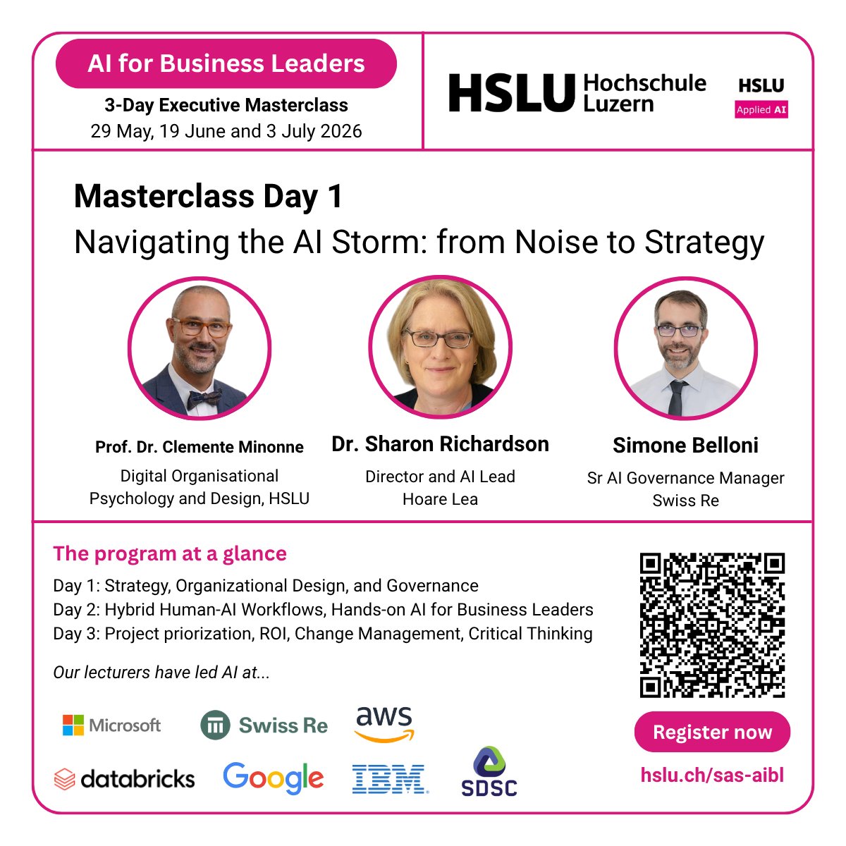 SwissCognitive's tweet image. AI strategy only matters if governance and operating design make it executable.

SAS AI for Business Leaders (Masterclass) From Vision to Execution Day 1: Strategy, Organisational Design, and Governance

29 May 2026: hslu.ch/en/lucerne-sch…

#AI #Leadership #Governance