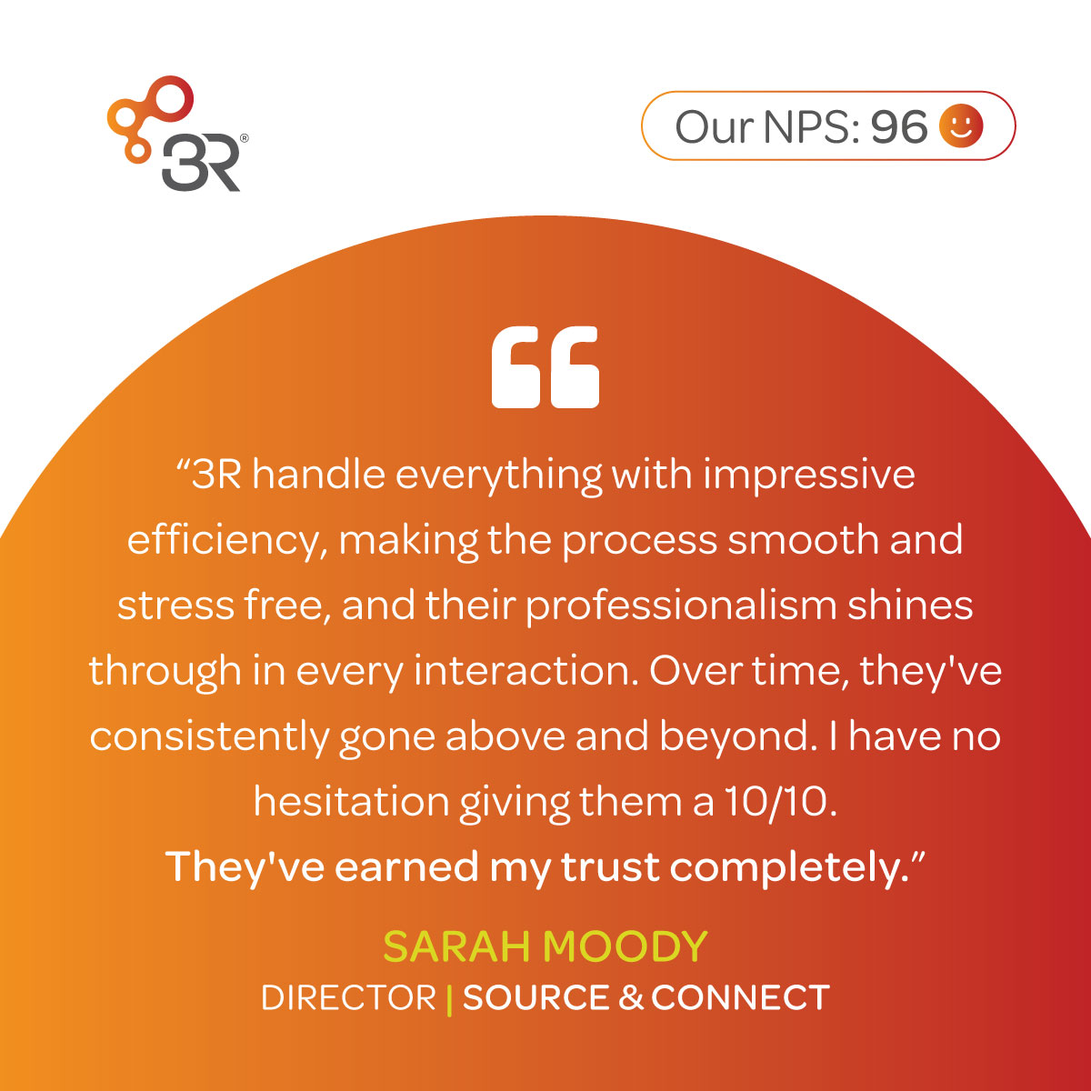 3R_RecSolutions's tweet photo. We’re proud to share that our customers have rated us with a world-class NPS of 96 in 2025!

This incredible achievement reflects the trust and loyalty you place in us. Thank you for your feedback Sarah Moody and for helping us raise the bar year after year.

#CustomerFirst #NPS https://t.co/UDh7QPGhWx