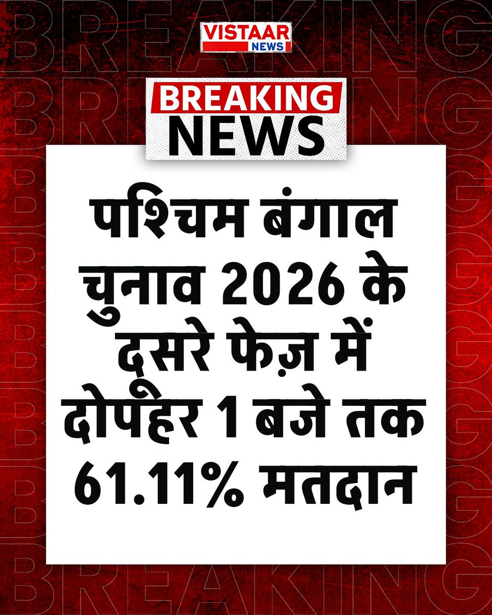 VistaarNews's tweet image. पश्चिम बंगाल चुनाव 2026 के दूसरे फेज़ में दोपहर 1 बजे तक 61.11% मतदान 

#WestBengalElection2026  #VotingDay #Election | Election Commission | #Phase2