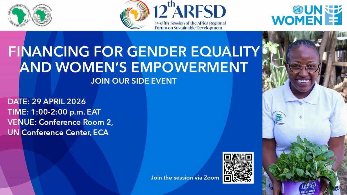 unwomenethiopia's tweet image. Join us for a critical conversation on advancing gender equality through sustainable financing.

📢 AFRSD-12 Side Event: Financing for GEWE
📍 UNCC, ECA, Addis Ababa
🗓 29 April | ⏰ 1:00–2:00 PM EAT

👉 Join virtually via Zoom by scanning the QR code.
#AFRSD12 #GenderEquality