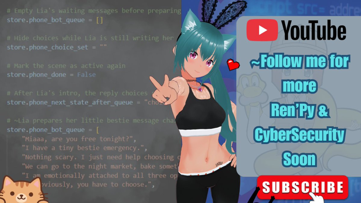 MiaCodeEx's tweet photo. ~Hii! 🩵New free Ren'Py Phone Chat UI source code template is ready, nyaa! 📱

Includes auto-scroll, message bubbles, branching replies &amp; a scrollable choice panel 📜

🔗Download free:
https://t.co/HAmXz6iK8G

~More Ren'Py videos? 💌

#RenPy #VisualNovel #tutorial #itchio #Vtuber https://t.co/8YGCf9bnZN