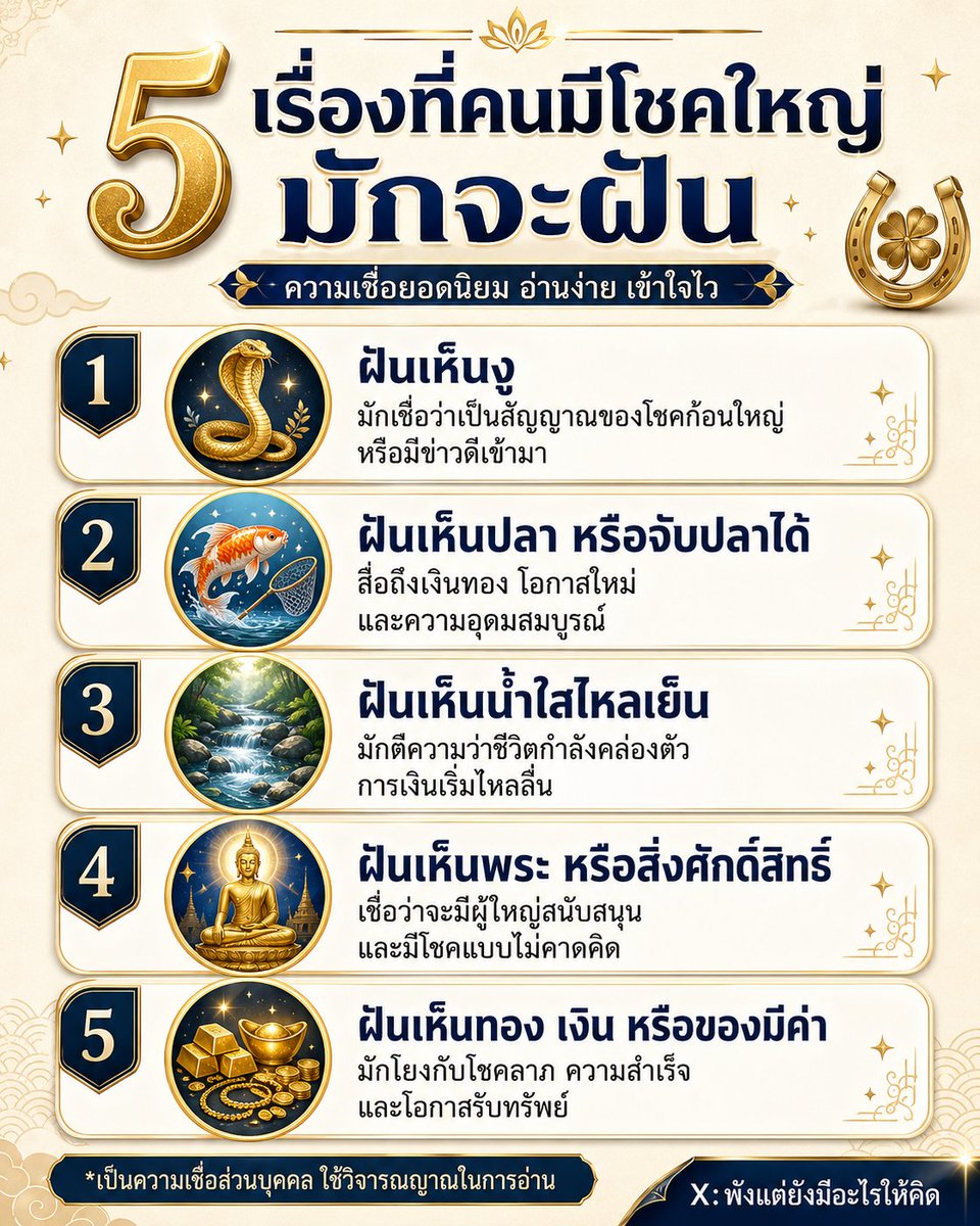 5 เรื่องที่คนมีโชคใหญ่ มักจะฝัน ✨

บางคนเชื่อว่า “ความฝัน” อาจเป็นสัญญาณบอกโชค บอกจังหวะดี ๆ ที่กำลังจะเข้ามา
ลองเช็กดูว่าเคยฝันแบบนี้ไหม 👇

1. ฝันเห็นงู
2. ฝันเห็นปลา หรือจับปลาได้
3. ฝันเห็นน้ำใสไหลเย็น
4. ฝันเห็นพระ หรือสิ่งศักดิ์สิทธิ์
5. ฝันเห็นทอง เงิน หรือของมีค่า