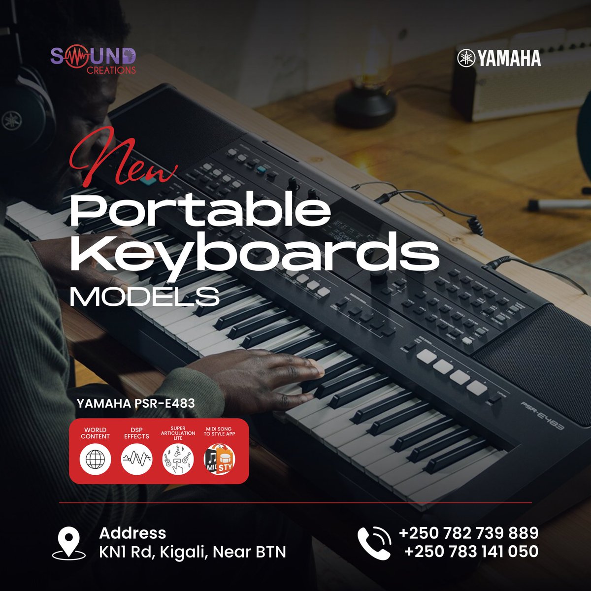scl_rwanda's tweet photo. The Yamaha PSR-E483 is built for learners, performers, and creators.

Touch-sensitive keys. Versatile sounds. USB audio/MIDI for easy recording.

For testing and ordering, DM or call to check availability.

+250 783 141 050
+250 782 739 889 https://t.co/hRluI64iC1