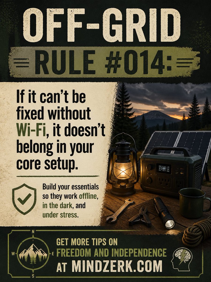 mindzerk's tweet image. If it can’t be fixed…

It will fail.

And when it does, you’re stuck.

No parts. No tools. No recovery.

If it can’t be fixed, it’s a liability.
Plan for repair—or plan to replace.
oracle.mindzerk.com/if-it-cant-be-…

#Preparedness #SelfReliance #OffGridLiving #Mindzerk #AmidTheWild