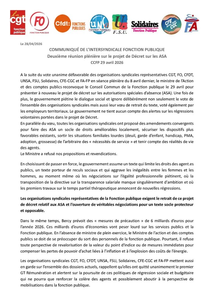 Les syndicats exigent le retrait du projet de décret relatif aux autorisations spéciales d'absence des agents