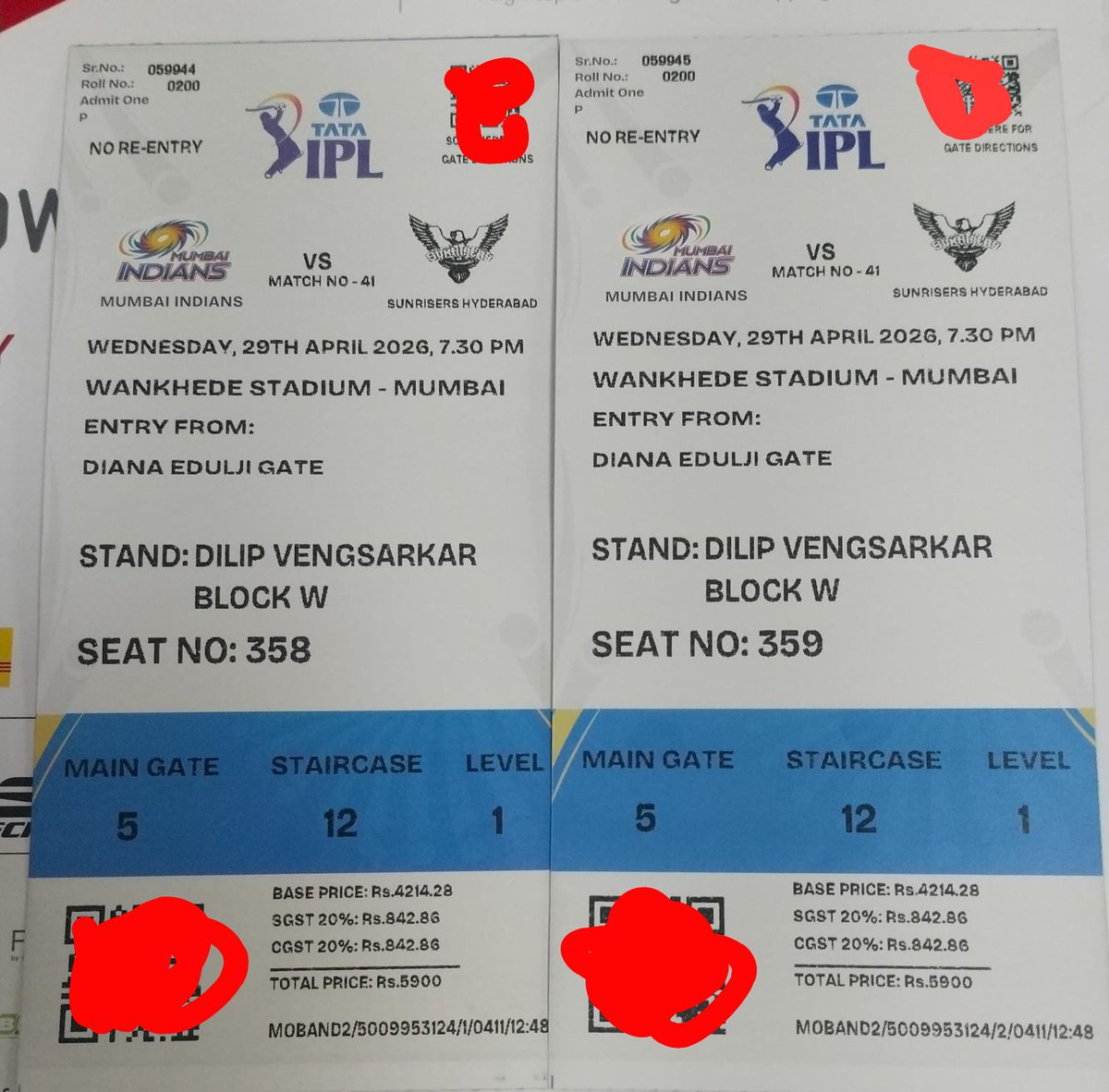 HarshalTav34616's tweet photo. @mipaltan Mi vs SRH , 2 tickets available. Fanzone tickets, with jersey complimentary. Level 1 , near boundary/dugout. Rohit bday special. #mivssrh #mumbaiindians #rohitsharma #wankhede #ipltickets #iplticket #matchtickets #ipl https://t.co/DdL3HducWi