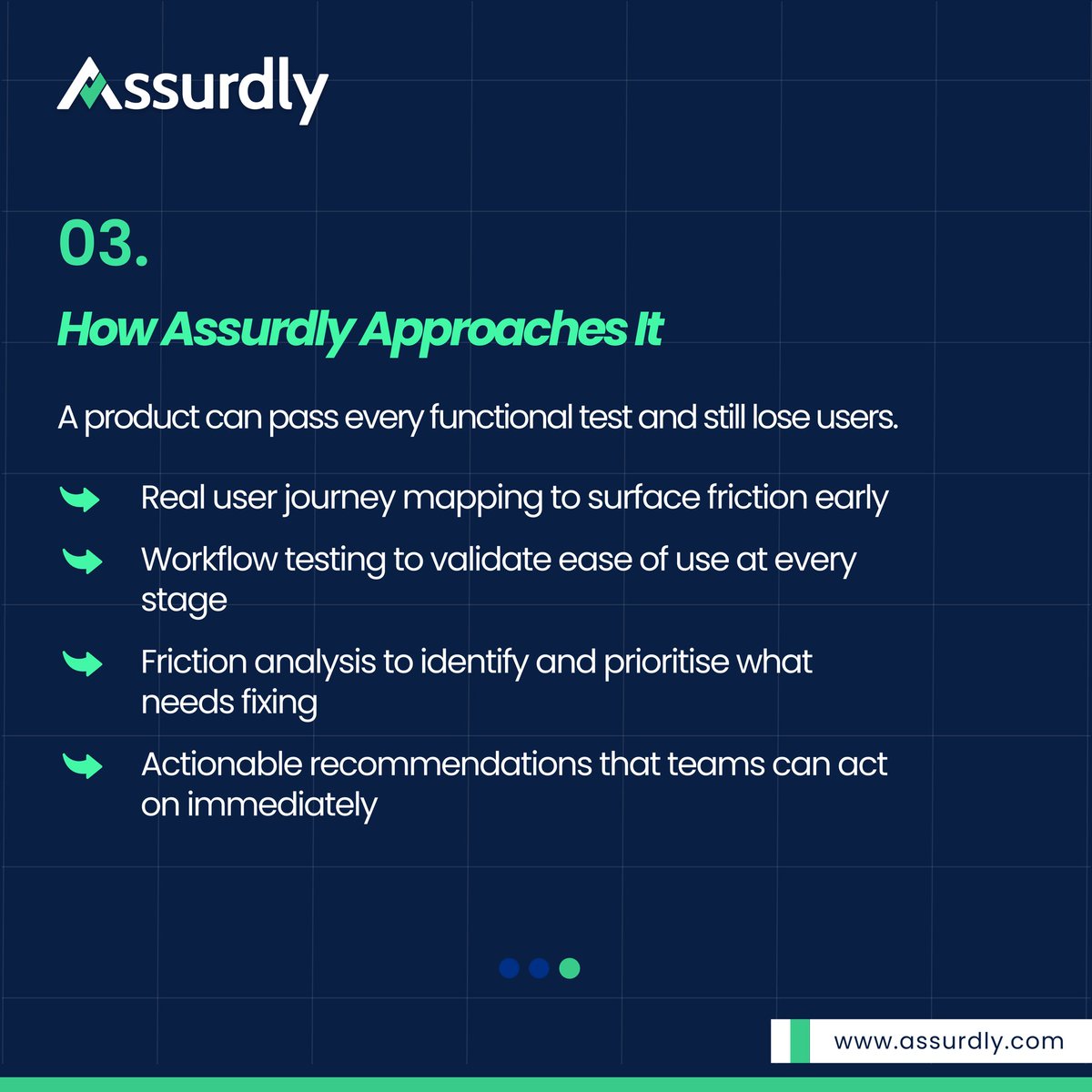 assurdly's tweet photo. A product can pass every test and still lose users.

Confusing onboarding, complex flows, poor feedback, all fixable usability gaps.

Assurdly builds usability testing into every stage, not just the end.
Learn more: https://t.co/UZbSXTGyPP⁠�

#UsabilityTesting #Assurdly https://t.co/t5B0X6DFNk