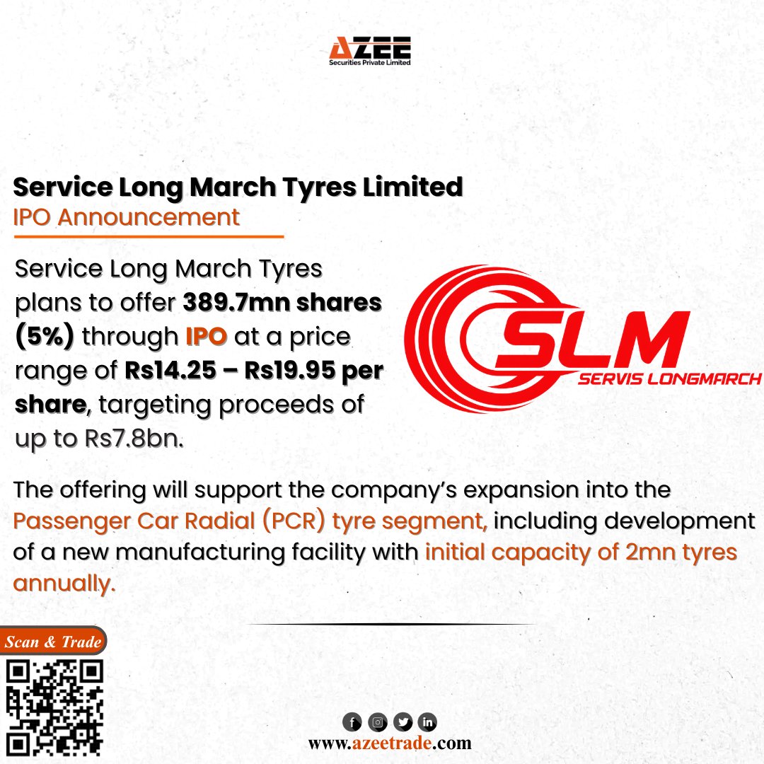aZeetrade's tweet image. Service Long March Tyres launches IPO to raise up to Rs7.8bn, supporting expansion into passenger car tyre manufacturing.

#AzeeSecurities #PakistanStockExchange #IPO #AutomobileSector #Manufacturing #MarketInsights