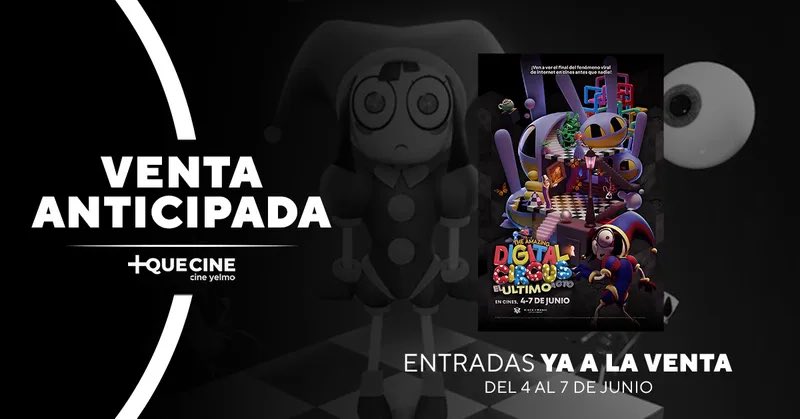 CineYelmo's tweet image. Lo estabais deseando y... ¡YA puedes conseguir tus entradas para #TheAmazingDigitalCircus: The Last Act!🎪 

Disponible del 4 al 7 de junio en Cine Yelmo. El último acto está a punto de empezar… ¿vas a mirar hacia otro lado? 😏 bit.ly/x-va-digital-c…

#MásQueCine