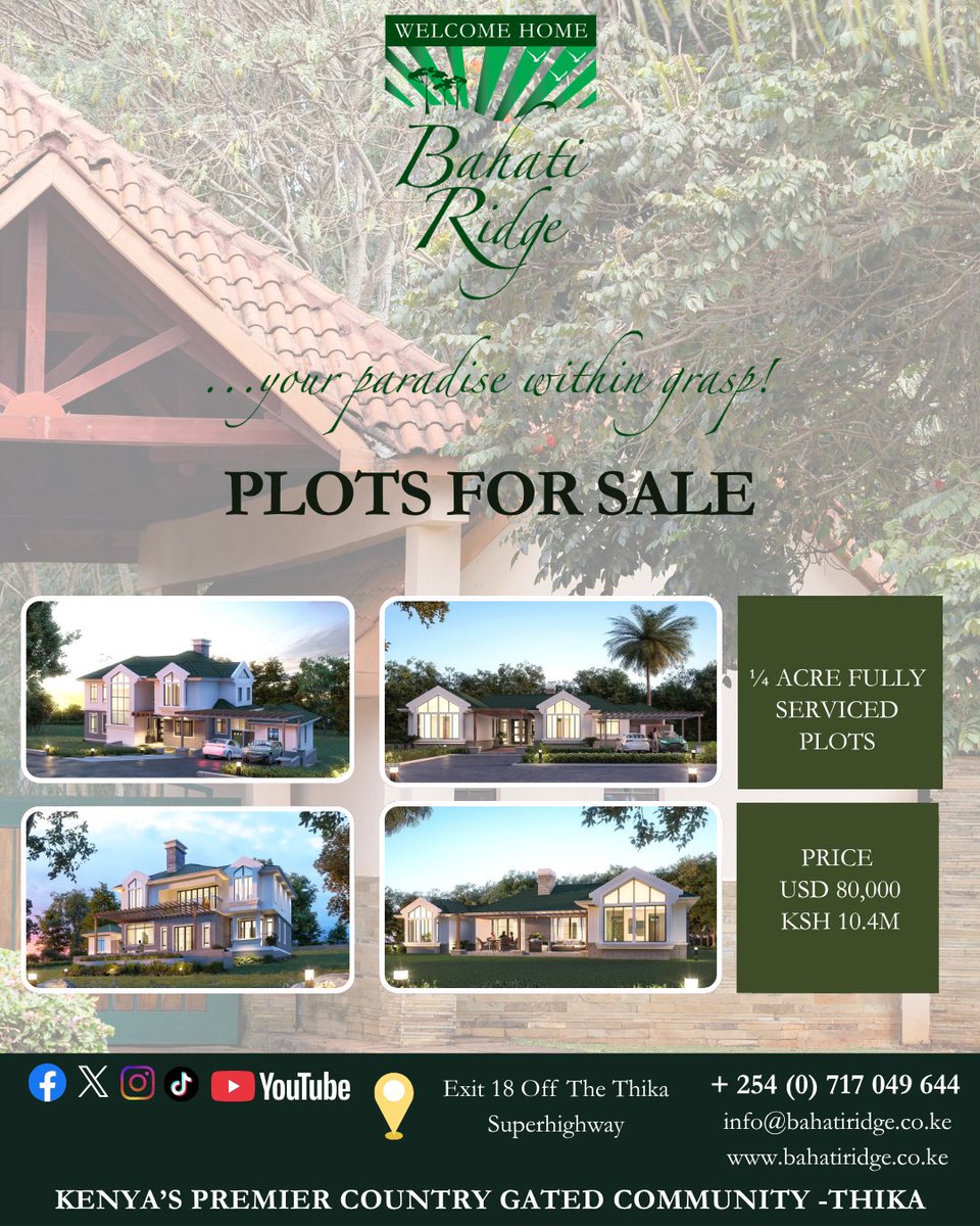 BahatiRidge's tweet photo. Welcome to Bahati Ridge - your peaceful escape!
Secure, serene, and now offering prime plots for sale.
Build the dream home you've always imagined.
#plotforsale #GatedCommunity #countryliving #sopacourt #yourparadisewithingrasp https://t.co/dfsfRsCrRS
