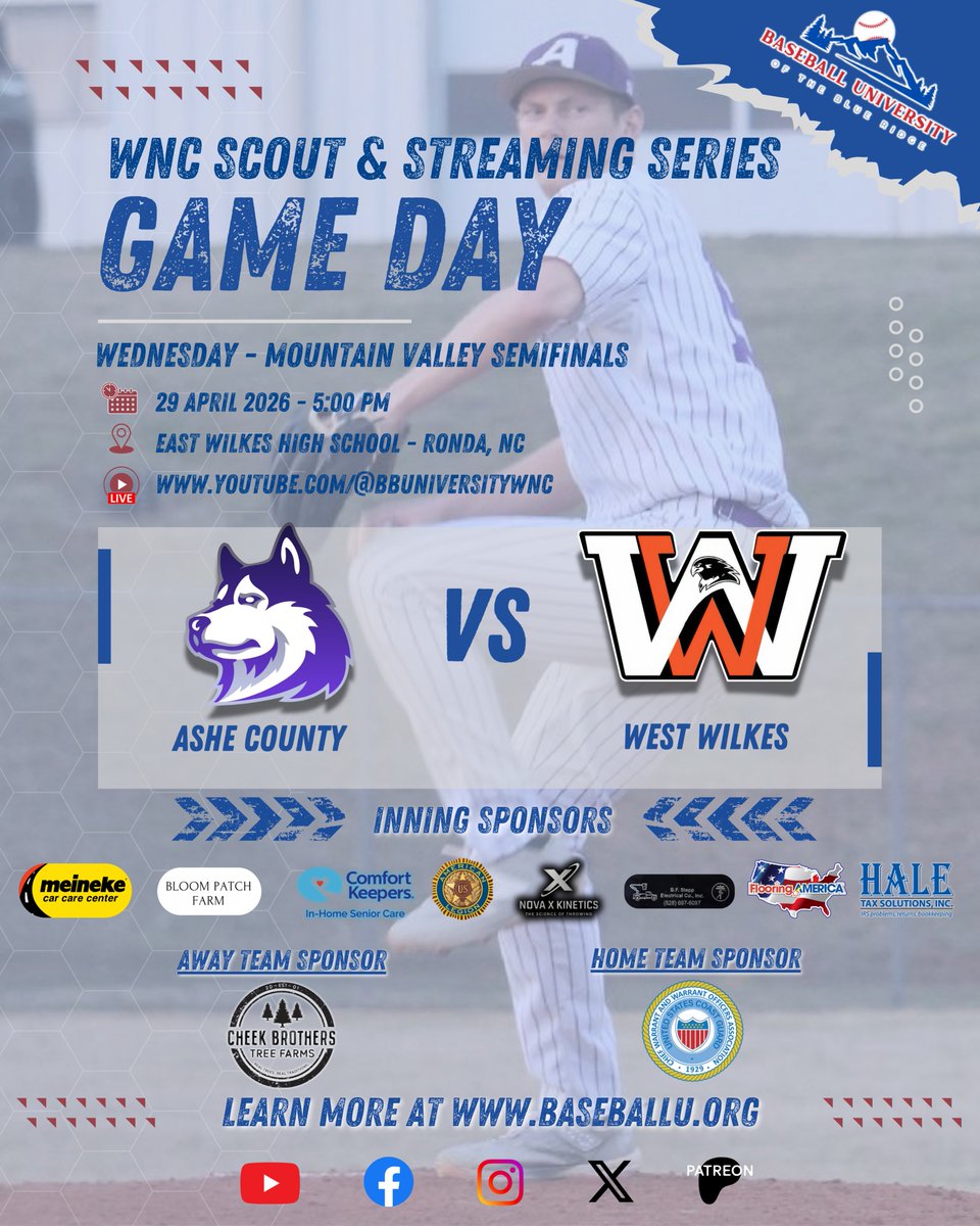 BBUniversityWNC's tweet photo. Game Day!

We're in new territory and excited to scout!  It's the Mountain Valley Conference Semifinals and our first look at the 2A/3A/4A Conference's talent.

We will be showcasing their top 4 teams with TWO BROADCASTS today at host site @ewilkesbaseball!

5 PM: @achuskybaseball vs @WWhawkbaseball 
Watch Live (or Later): https://t.co/3sN1VcVVEO

7:45 PM: @ewilkesbaseball vs @NWHSVikings 
Watch Live (or Later): https://t.co/HYmftAu6zQ

LONG evening of Baseball ahead, stoked to evaluate some a new sector of WNC talent

@ZWCsports @CoachCheek55 @Jcall32 @EllerJerm4 @dreward4 @WilkesONSL @BJUBaseball @coachkmo831 @TDeaton_22 @CaldwellCCBase1 @SCCbaseball25 @SurryKnights @CoachHoneyMHU19 @dallenturner3 @TaiGilbert10 @mhulions @BoonvilleBoys @dubc_athletics @CamWoodBats @nextlevelbbnc @NovaXkinetics @gent2026 @jordantibbs26 @EllerGavin @AdamWagoner15