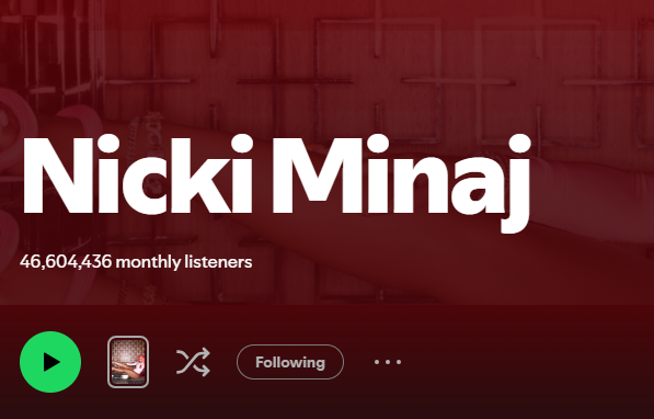 📈 |<a href="/NICKIMINAJ/">Nicki Minaj</a> gained 112,881 monthly listeners on Spotify on Tuesday, April 28

She now totals 46.60 million listeners on the platform.