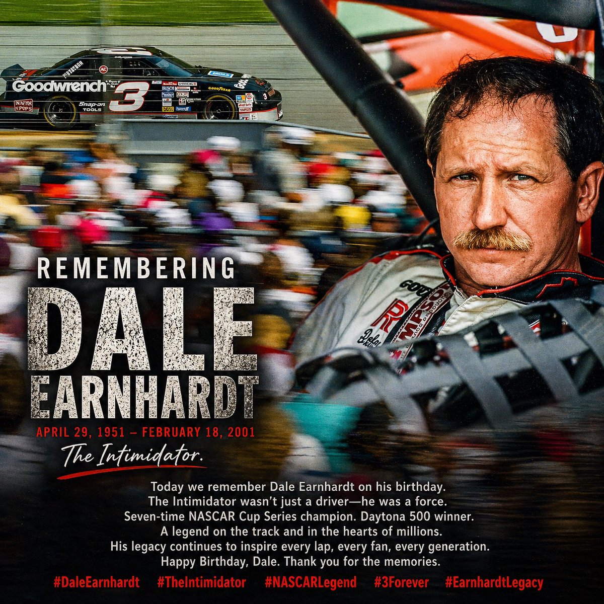 bcpix's tweet photo. Remembering Dale Earnhardt on his birthday. The Intimidator. 7× champion. A presence you felt every lap. The legacy of the No. 3 lives on. 🏁
#DaleEarnhardt #TheIntimidator #3Forever https://t.co/mmdXHOITAd