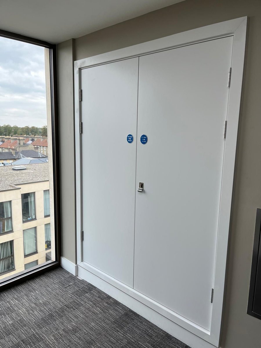 PrestigeFire's tweet photo. A few photos of four double door riser cupboards that we installed at an apartment block in the centre of Cambridge.  

If you’ve got a door installation project, big or small, get in touch for a quote. #firedoor #doorinstall #prestigefiresafety #cambridgeshire https://t.co/SCLxVfccQ6