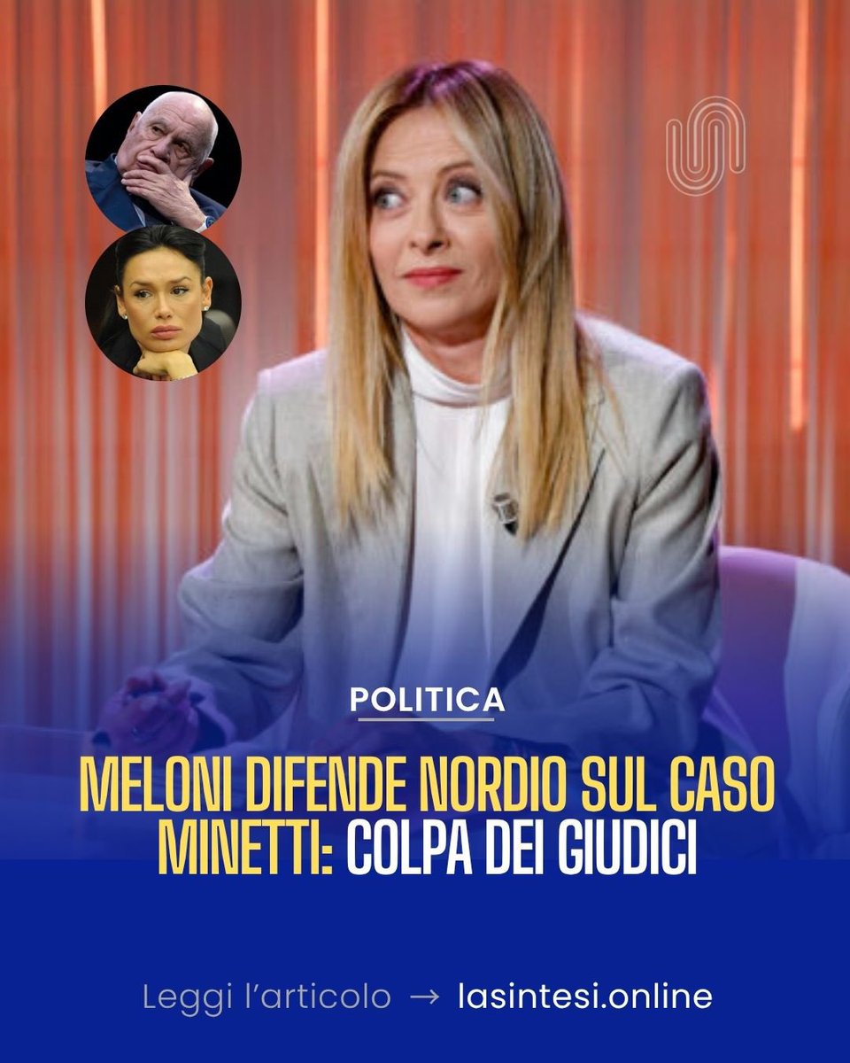 LaSintesiItalia's tweet photo. “Mi fido di lui”. La premier Giorgia Meloni non ha dubbi sul caso Minetti: la colpa non è del Guardasigilli Carlo Nordio.
Leggi l’articolo completo su #LaSintesi 👉 https://t.co/Nt3KosRR8r https://t.co/A8LXF6enJL