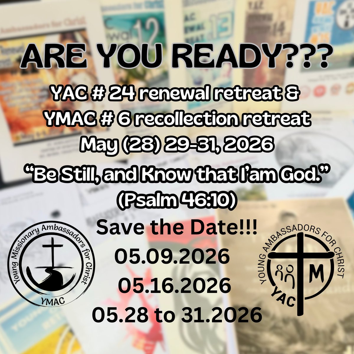 YACmomqpm's tweet image. ONE MONTH TO GO! 

The countdown begins for our YAC Renewal Retreat # 24 and YMAC Recollection Retreat # 6!

In one month, we will gather in faith, prayer, silence, and mission as we listen to God’s invitation:

“Be still, and know that I am God.” (Psalm 46:10)

#YAC #YMAC